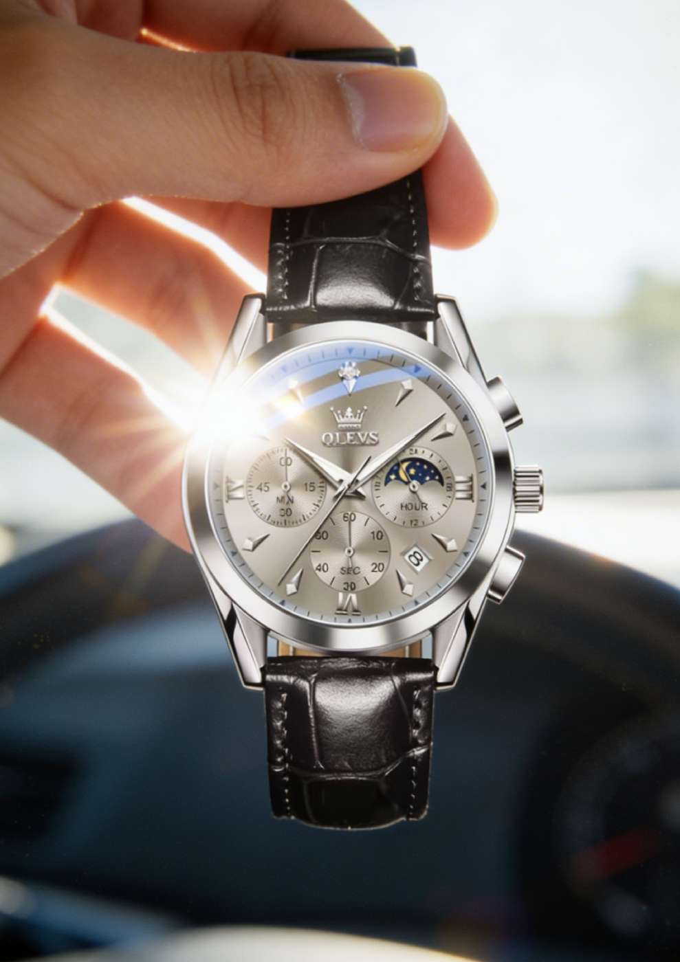 Men's Celestial Moon Phase Watch — Luxury Quartz Dress Watch with Starry Night Dial, Calendar & Moon Phase Display | 7 Color Styles