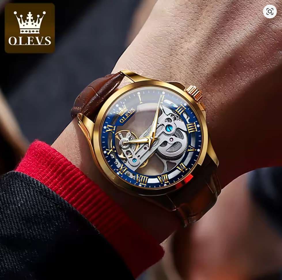 OLEVS Men's Luxury Skeleton Watch – Automatic Self-Winding, Open-Heart Dial, Sapphire Crystal, Gold & Black